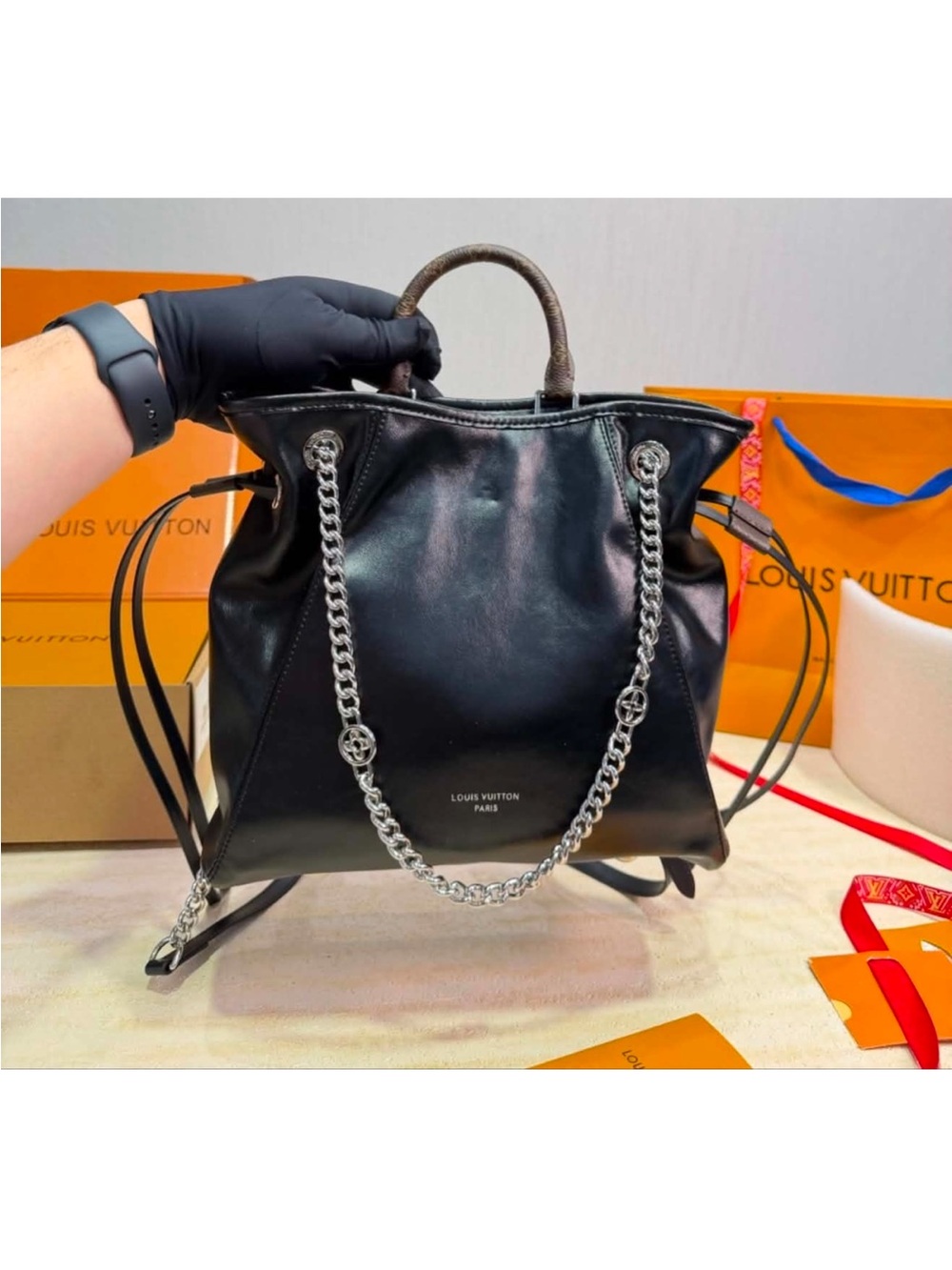 Louis Vuitton Black Leather Shoulder Bag and backpack with Silver Chain